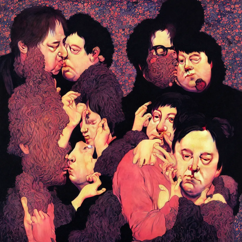 Image similar to weird and disturbing portrait of bill hicks kissing todd solondz, vivid colors, neon, art by ( ( ( kuvshinov ilya ) ) ) and wayne barlowe and gustav klimt and artgerm and wlop and william - adolphe bouguereau