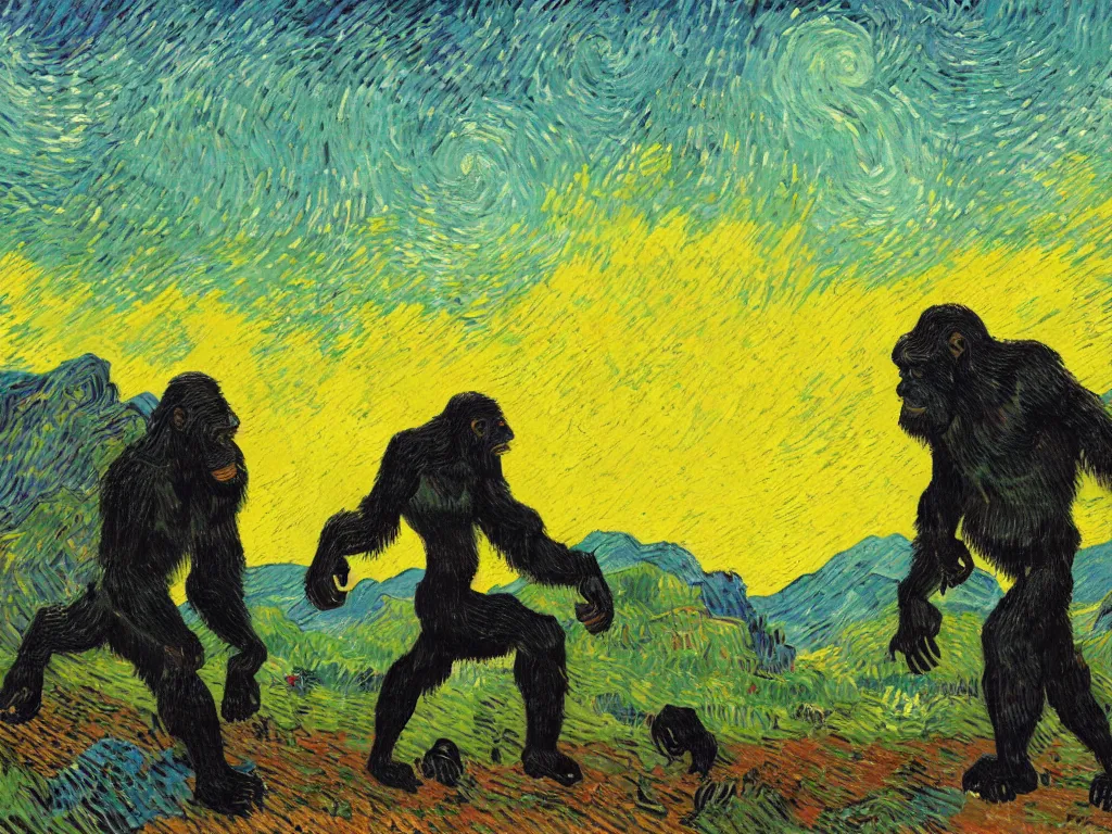 Image similar to bright beautiful oil painting of a primitive ape tdancing in a valley with giant black monoliths at sunrise, light scatter, van gogh