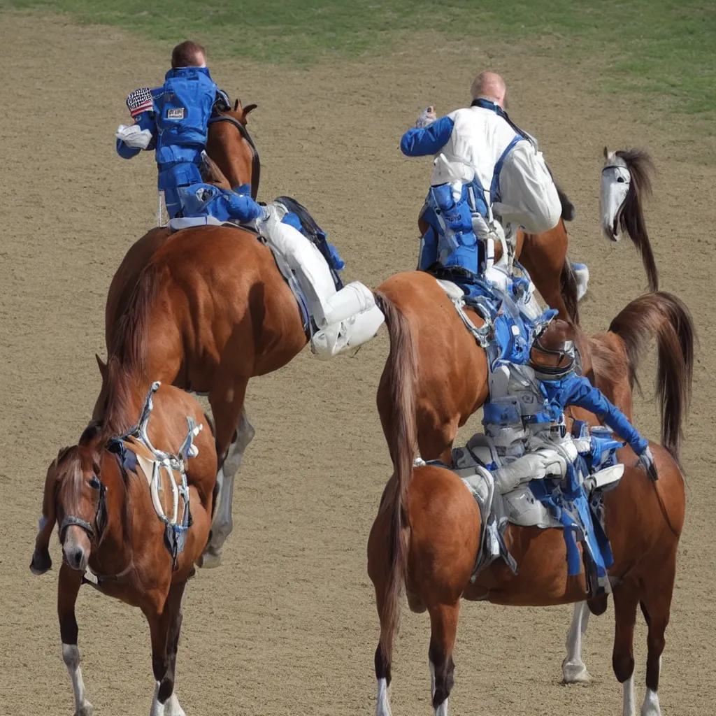 Image similar to horse on a back of an astronaut ; astronaut carries a horse