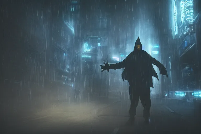 Image similar to techno-wizard, lightening, cyberpunk, occult, dark, summoning ritual, dugeon, photo realistic, cinematic lighting, epic composition, foggy, dark atmosphere, dark magic atmosphere, highly detailed