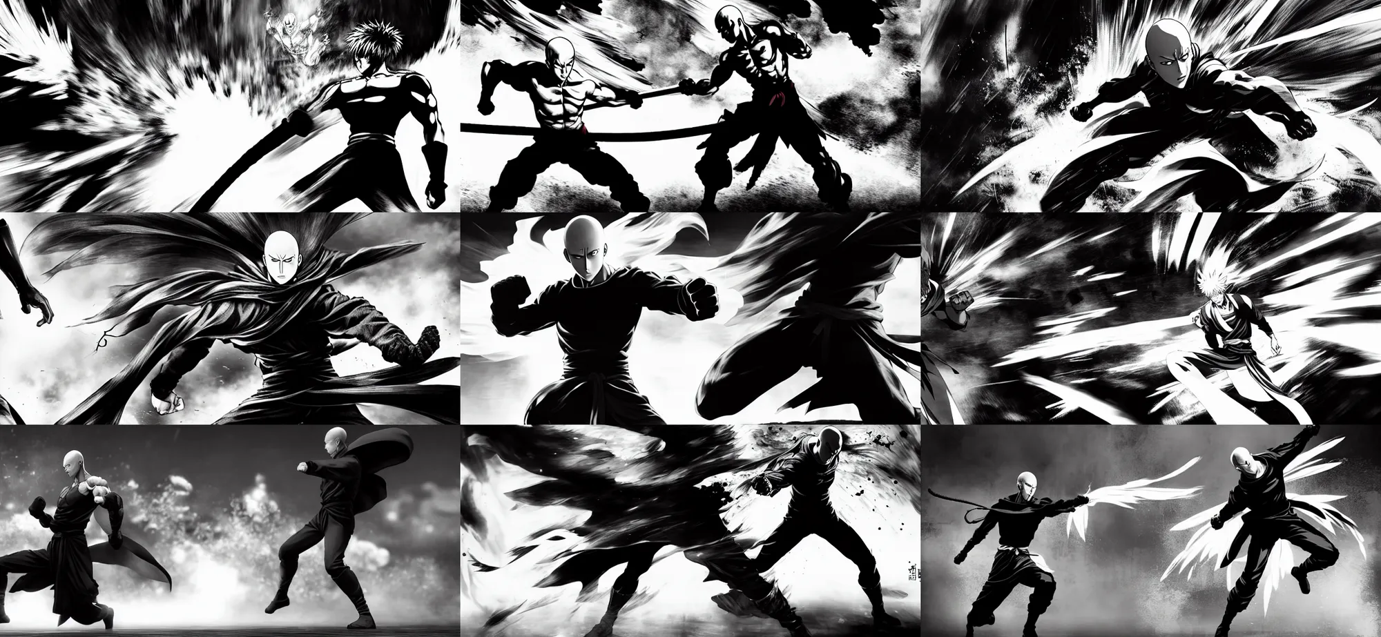 Prompt: action scene, saitama one punch man, black smoke, black and white filter, full body wuxia, shaolin martial arts by Yoji Shinkawa AND Greg Rutkowski, Mark Arian, 4k