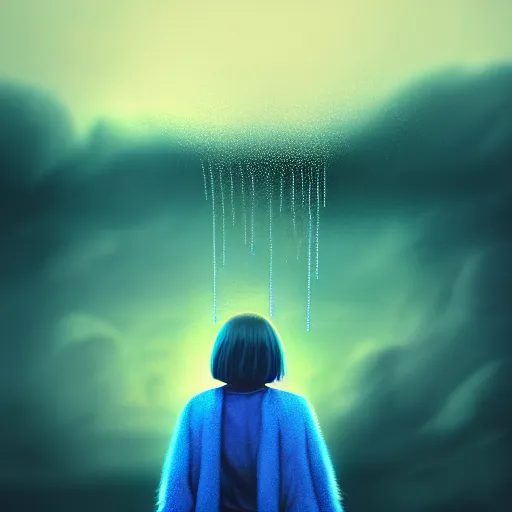 Prompt: giant droplets of water floating around a flying girl with wings, sky blue straight hair, low - angle shot from behind, blue coat, fur scarf, ultra fine detail, dark theme, realistic painting, photography, psychedelic, film still, cinematic, wlop, ilya kuvshinov, ismail inceoglu,