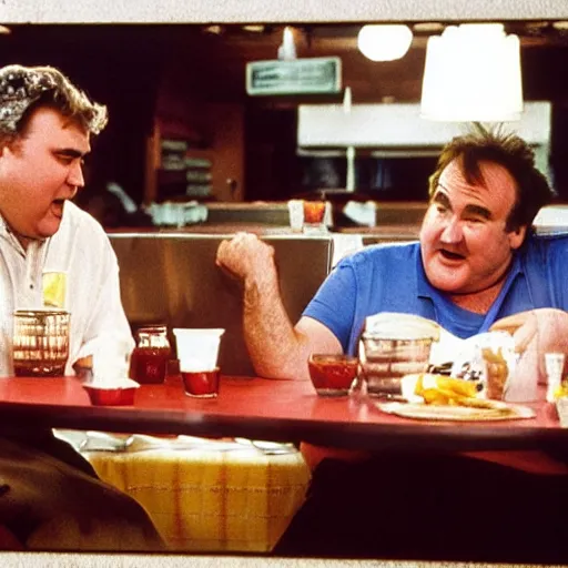 Prompt: John candy and robin williams sitting in a diner, bbq sauce meals, photo
