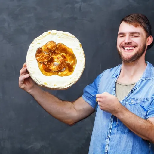 Image similar to a man is happy by siting on a camembert