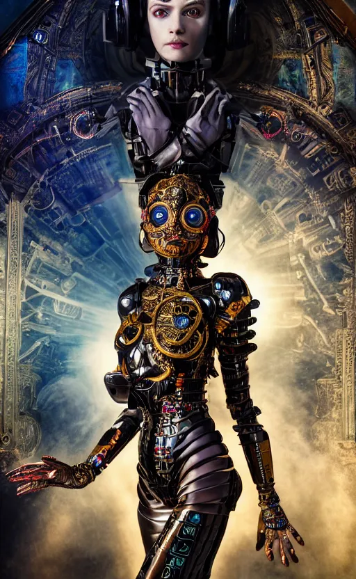 Image similar to the young cyborg girl, piercing glowing eyes, fashion ornate royal armor, striking composition, highly detailed ornate sci fi background, vogue poses, striking composition, vivid details, wires, glowing tubes, beautiful composition, mural in the style of sandro botticelli, caravaggio, albrecth durer, 8k