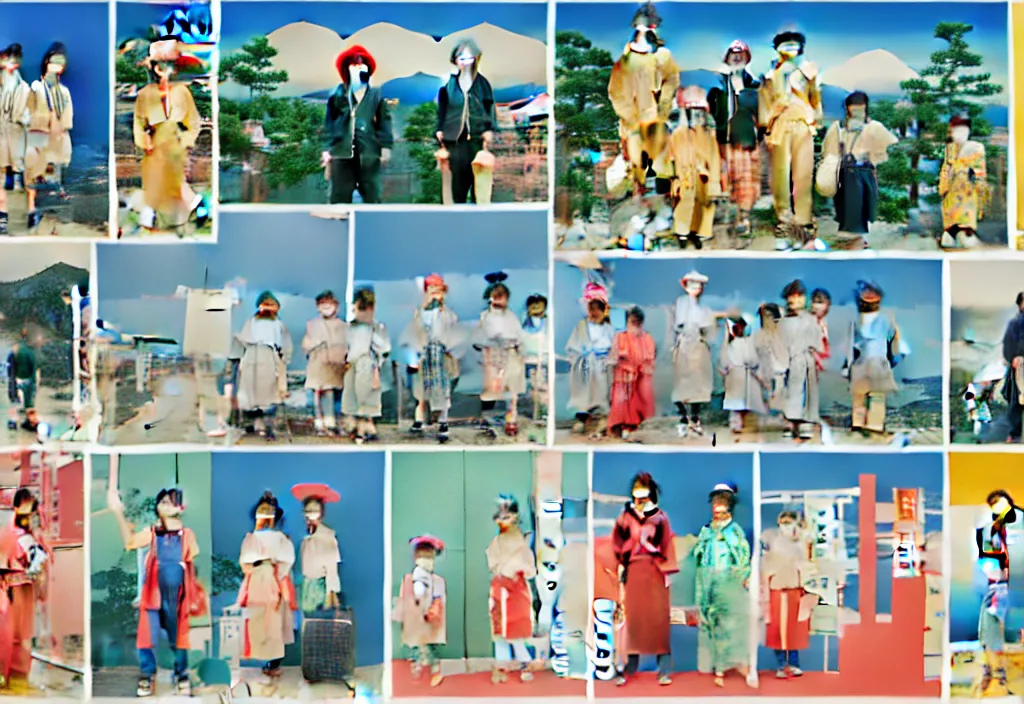 Image similar to full frame, a row of a few european tourists standing with a variety of poses and props, [ several ] character designs, ( rural japan ) a collage painting, in the style of wes anderson, lola dupre, david hockney, [ isolated on negative white space background ] dark monochrome neon spraypaint accents volumetric octane render