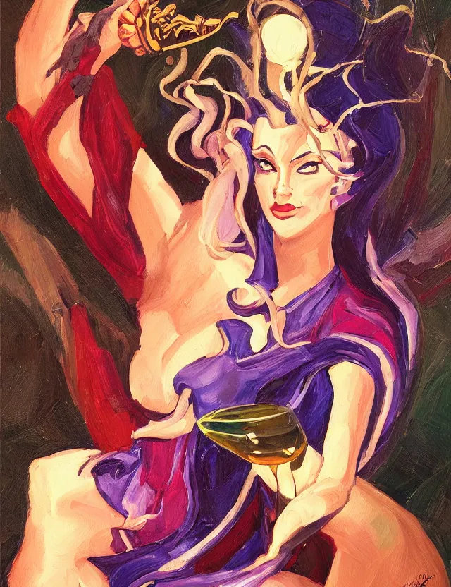 Prompt: androgynous deity of starlight and wine. this oil painting by the award - winning comic artist has interesting color contrasts, plenty of details and impeccable lighting.