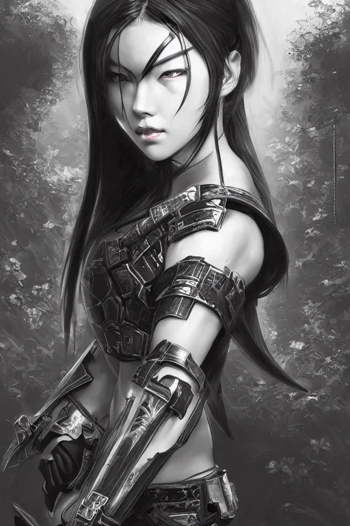 Image similar to portrait Ninja gaiden girl, armored black and white ninja wardrobe, in ruin japanese rainny temple night, ssci-fi and fantasy, intricate and very very beautiful and elegant, highly detailed, digital painting, artstation, concept art, smooth and sharp focus, illustration, art by tian zi and WLOP and alphonse mucha