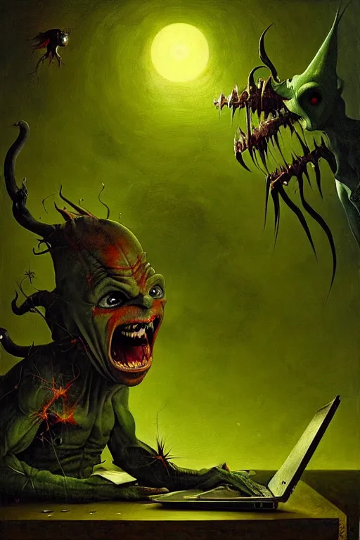 Image similar to hieronymus bosch, greg rutkowski, anna podedworna, painting of a green goblin screaming at a laptop