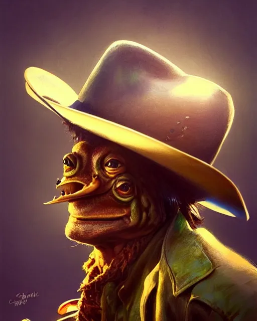 Image similar to epic portrait cinematic shot an frog wearing cowboy outfit and a cowboy hat, fine details. night setting. realistic shaded lighting poster by craig mullism, artgerm, jeremy lipkin and michael garmash, unreal engine, radiant light, detailed and intricate environment, digital art, trending on art station,