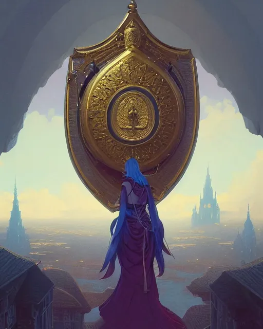 Image similar to highly detailed surreal vfx portrait of a blessed shield in a majestic castle by golden tree, stephen bliss, unreal engine, greg rutkowski, loish, rhads, beeple, makoto shinkai and lois van baarle, ilya kuvshinov, rossdraws, tom bagshaw, alphonse mucha, global illumination, detailed and intricate environment