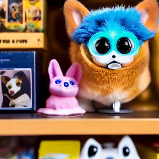 Image similar to a corgi furby toy on a store shelf, close - up photo, uncanny, nostalgic