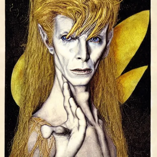 Prompt: David Bowie as the Fairy King, portrait, illustration by Brian Froud and John Bauer, black lineart