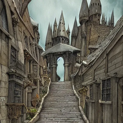 Prompt: hogwarts grand staircase, a detailed matte painting by anton pieck, deviantart contest winner, fantasy art, concept art, official art, matte drawing