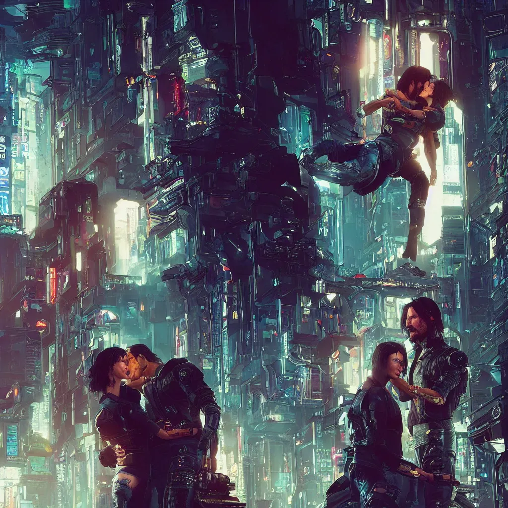 Image similar to a cyberpunk 2077 srcreenshot couple portrait of Keanu Reeves and female android final kiss,love,film lighting,by Laurie Greasley,Lawrence Alma-Tadema,Andrei Riabovitchev,Dan Mumford,John Wick,Speed,Replicas,artstation,deviantart,FAN ART,full of color,Digital painting,face enhance,highly detailed,8K,octane,golden ratio,cinematic lighting