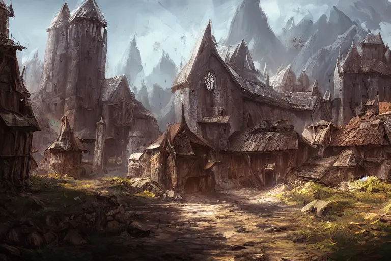 Image similar to A rough medieval settlement, iron ,iron, iron, fantasy, D&D, concept art, sharp focus, trending on artstation, digital painting, midday, sunny, beautiful