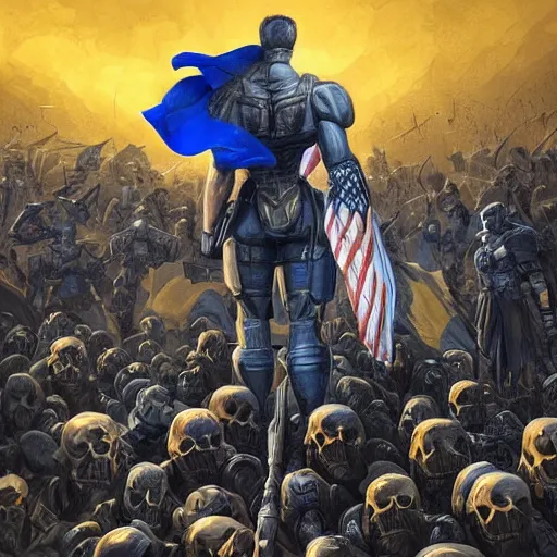 Image similar to a full body shot from distance from behind of a super soldier with a yellow and blue flag standing on a huge pile of skulls in triumph after battle, western, D&D, fantasy, intricate, elegant, highly detailed, digital painting, artstation, concept art, matte, sharp focus, symmetrical, illustration, art by Artgerm and Greg Rutkowski and Alphonse Mucha