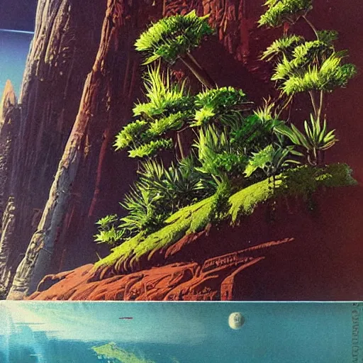 Image similar to beautiful illustration of a lush natural scene on an alien planet by vincent di fate. science fiction. extremely detailed. beautiful landscape. weird vegetation. cliffs and water.