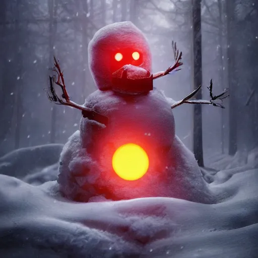 Image similar to a snowman, half made out of cyborg parts, with one glowing red eye, with an evil smile on his face, in the middle of a snow forest, dynamic lighting, photorealistic fantasy concept art, trending on art station, stunning visuals, creative, cinematic, ultra detailed