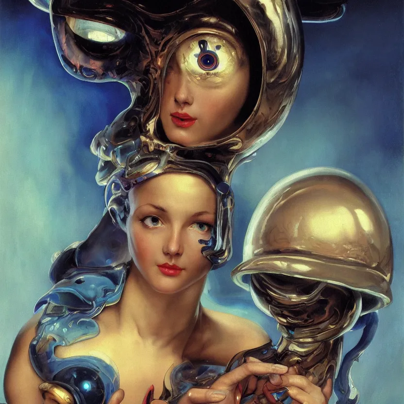 Prompt: a baroque neoclassicist close - up portrait of a blue alien mushroom girl with big glowing eyes dripping in iridescent futuristic liquid chrome. renaissance portrait. highly detailed science fiction painting by norman rockwell, frank frazetta, and syd mead. rich colors, high contrast, gloomy atmosphere, dark background. artstation