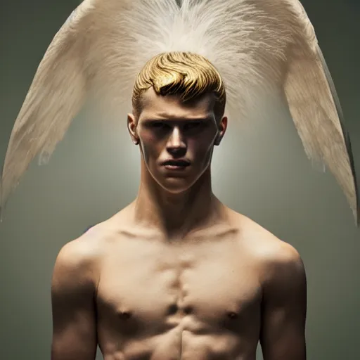 Image similar to a portrait of a beautiful athletic young male iridiscent angel , photographed by erwin olaf, artistic