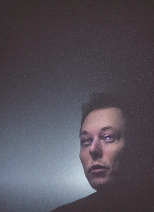 Image similar to dark photo of dark blue rainy bedroom window at night, creepy face of elon musk staring in through the window, horror, scary face,