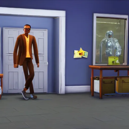 Image similar to gustavo fring selling meth in the sims 4, game screenshot, 4k