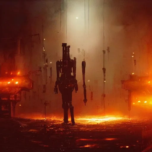 Image similar to mecha made from kitchen utensils, dark messy smoke - filled cluttered workshop, dark, dramatic lighting, orange tint, cinematic, highly detailed, sci - fi, futuristic, movie still from blade runner