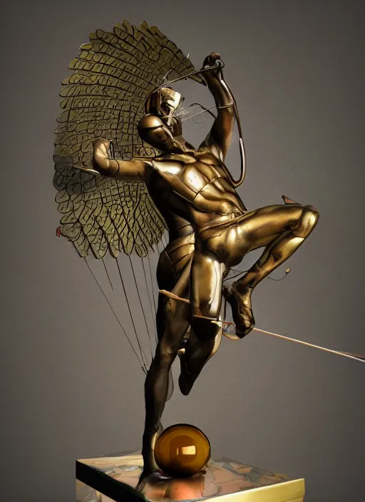 Prompt: An epic fantastic realism comic book style painting of a bronze archery sculpture from the future by Stanislaw Szukalski, gilded colorful marbled paper background, winged archer, perfect shiny iridescent silver spheres, fisheye lens, unreal 5, DAZ, hyperrealistic, octane render, dynamic lighting