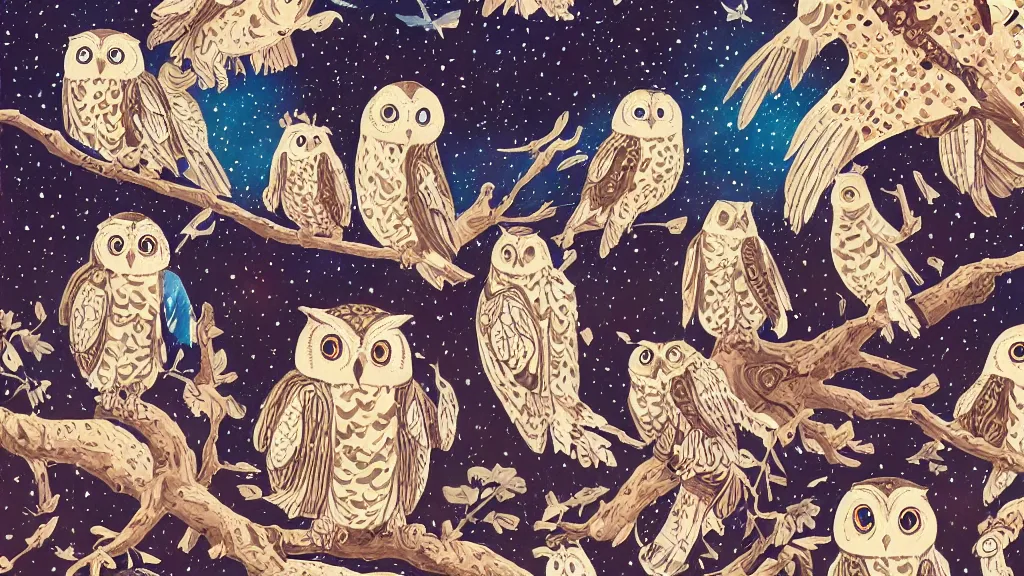 Image similar to very detailed, ilya kuvshinov, mcbess, rutkowski, watercolor quilt illustration of owls flying at night, colorful, deep shadows, astrophotography, highly detailed, wide shot