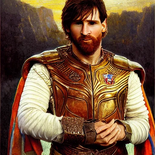 Image similar to attractive lionel messi as attractive king arthur pendragon, natural lighting, high quality, very detailed painting, by gaston bussiere, donato giancola, j. c. leyendecker