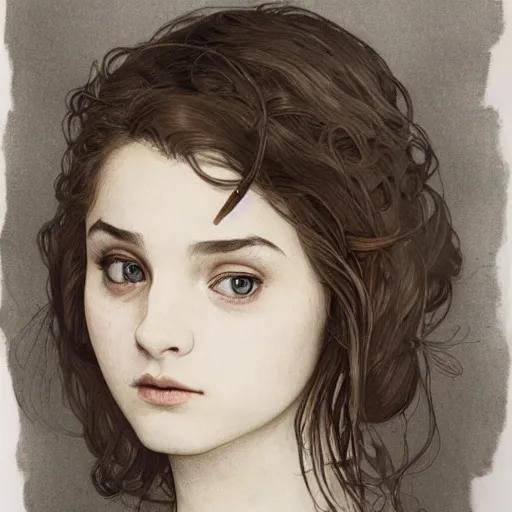 Prompt: pen and ink sketch of a welsh teenage girl with brown hair, glowing skin, delicate features, amelie poulain, fantasy, intricate, elegant, dress shirt and tie, highly detailed, digital painting, artstation, concept art, smooth, sharp focus, illustration, art by Krenz Cushart and Artem Demura and alphonse mucha