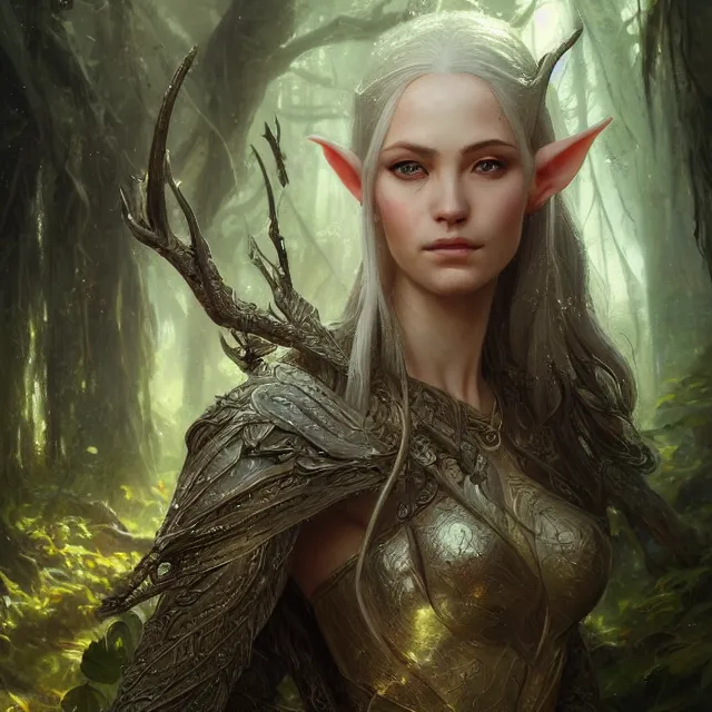 Image similar to close up portrait of a beautiful female elven warrior, magical forest background fantasy atmosphere. art by greg rutkowski. highly detailed, intricate, lifelike. sci - fi, fantasy, magical, nikon d 8 5 0.