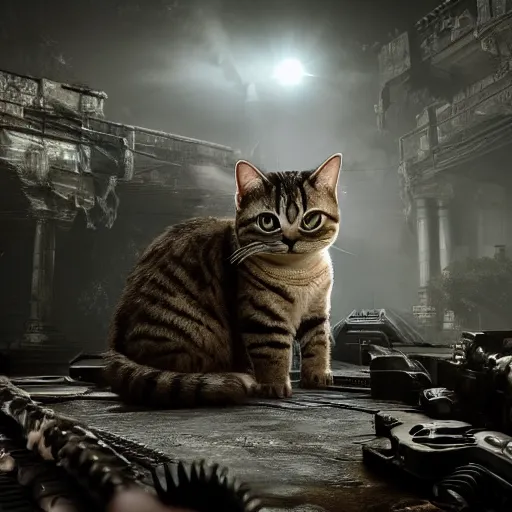 Image similar to lil bub the cat in Gears of War, splash art, movie still, cinematic lighting, dramatic, octane render, long lens, shallow depth of field, bokeh, anamorphic lens flare, 8k, hyper detailed, 35mm film grain