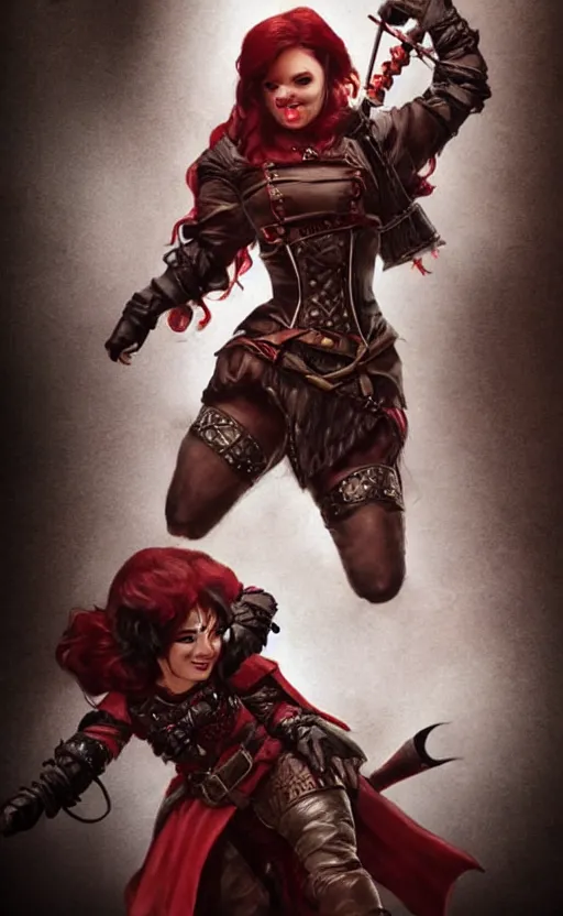 Prompt: epic fantasy d & d female halfling rogue riding on top of mr wobbles, black hair, red leather corset, cinematic, beautiful lighting, heroic