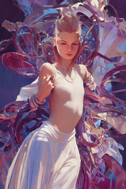 Image similar to an hyper intricate oil painting of gen z model wearing a fashion outfit wearing a clean t - shirt, full body ultra fashion model pose by vogue, excellent composition, by yoshitaka amano, by greg rutkowski, by alphonse mucha, by rhads, by ross tran, trending on artstation