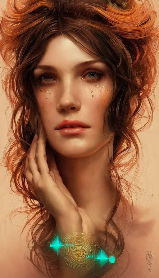 Prompt: perfect portrait of the most beautiful woman ever lived, neon, fibonacci, sweat drops, insane, pinup, intricate, highly detailed, digital painting, artstation, concept art, smooth, sharp focus, illustration, Unreal Engine 5, 8K, art by artgerm and greg rutkowski and alphonse mucha