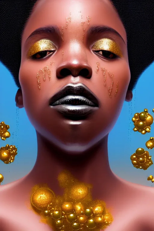 Prompt: hyperrealistic precisionist cinematic profile very expressive! black oshun goddess, in water! up to shoulders, mirror dripping droplet!, gold flowers, highly detailed face, digital art masterpiece, smooth eric zener cam de leon, dramatic pearlescent turquoise light on one side, low angle uhd 8 k, 3 5 mm focal length