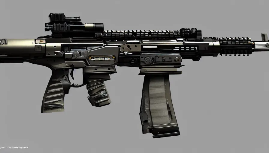 Prompt: extremely detailed realistic side view of a sci fi bullpup assault rifle, detailed pistol trigger, chemically propelled, massive battery, caseless ammunition, railgun, chemrail, side fed magazine, gauss rifle, elegant sleek smooth body, white paint, sleek utopian design, ultra quality, realistic, octane render, call of duty, warframe, terminator