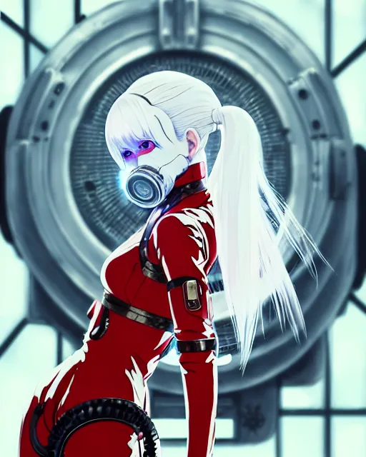 Image similar to white haired cyborg girl wearing a gas mask and red dress | | audrey plaza, warframe armor, fine detail!! anime!! realistic shaded lighting!! poster by ilya kuvshinov katsuhiro otomo ghost - in - the - shell, magali villeneuve, artgerm, jeremy lipkin and michael garmash and rob rey