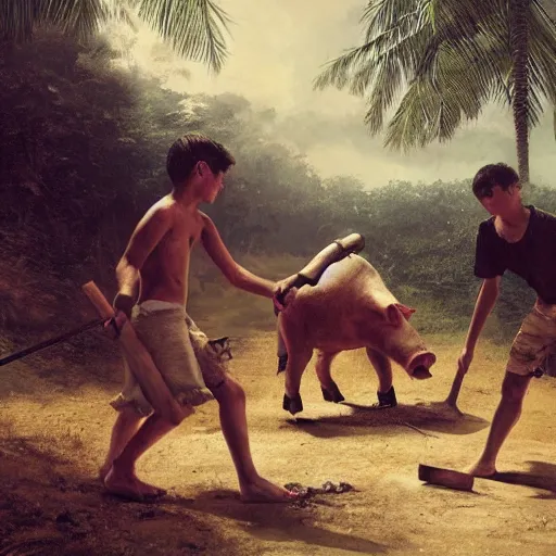 Image similar to teenage boys dressed as savages with wooden clubs dancing around a pig ’ s head on a stick, on a deserted island in the pacific, by greg rutkowski,