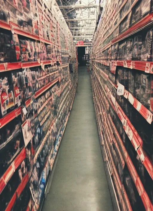 Image similar to first person view. lost in a costco maze. blurry polaroid