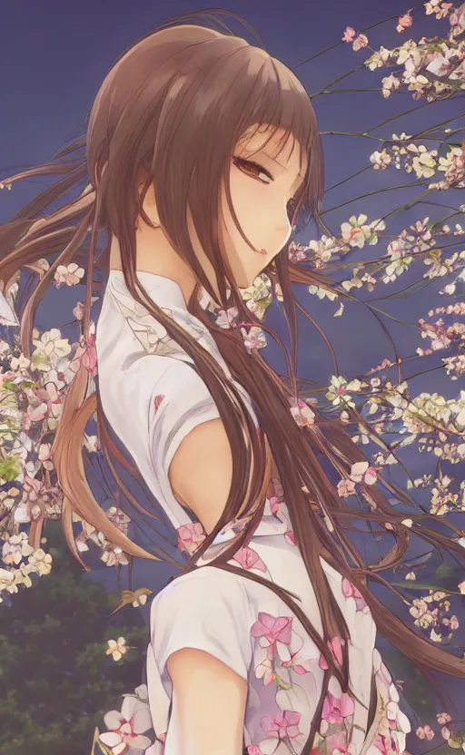 Image similar to anime style, side portrait, a girl walking, summer festival in background, yukata clothing, battlefield in background, hair down, symmetrical facial features, real faces, from arknights, hyper realistic, 4 k, extreme detail, trending artstation, safebooru, realistic lighting, by alphonse mucha, greg rutkowski, sharp focus