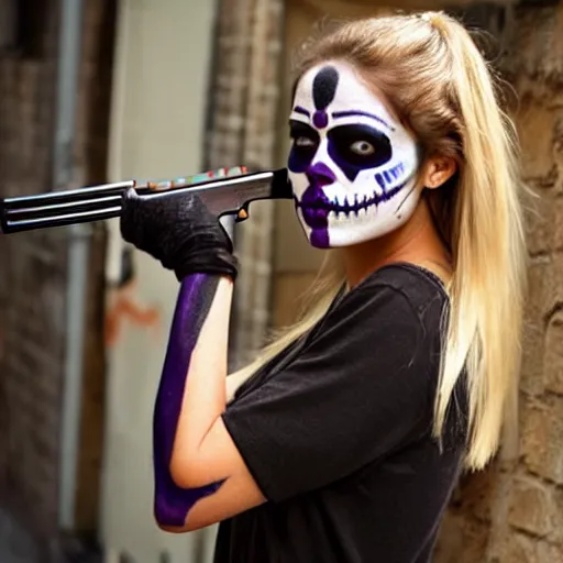 Prompt: <https://s.mj.run/itAxlxx5jkE> female Samara Weaving with skull face paint, symmetrical face, symmetrical body, Symmetrical eyes, perfect face, natural hands and arms, thin legs, holding a shotgun, in an action pose, in an alleyway during The Purge, symmetrical body, realistic body, night time dark with neon colors, fires, horror, Tom Bagshaw, Charlie Bowater, Rafael Albuquerque comic art