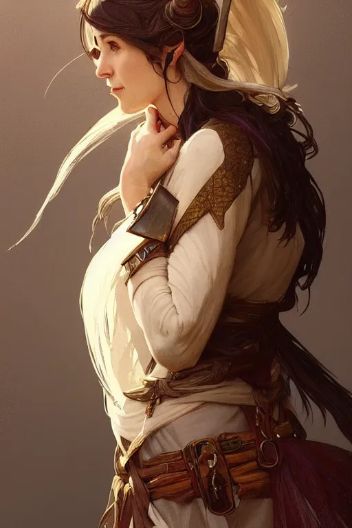 Prompt: portrait of a beautiful fit elf ranger, with fluent cloths, leather armor, by greg rutkowski and alphonse mucha, d & d character, gradient brown to white, autumn background, highly detailed portrait, digital painting, artstation, concept art, smooth, sharp focus illustration, artstation hq