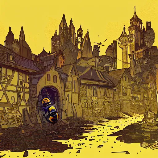 Image similar to bumblebee standing in a medieval town by kilian eng