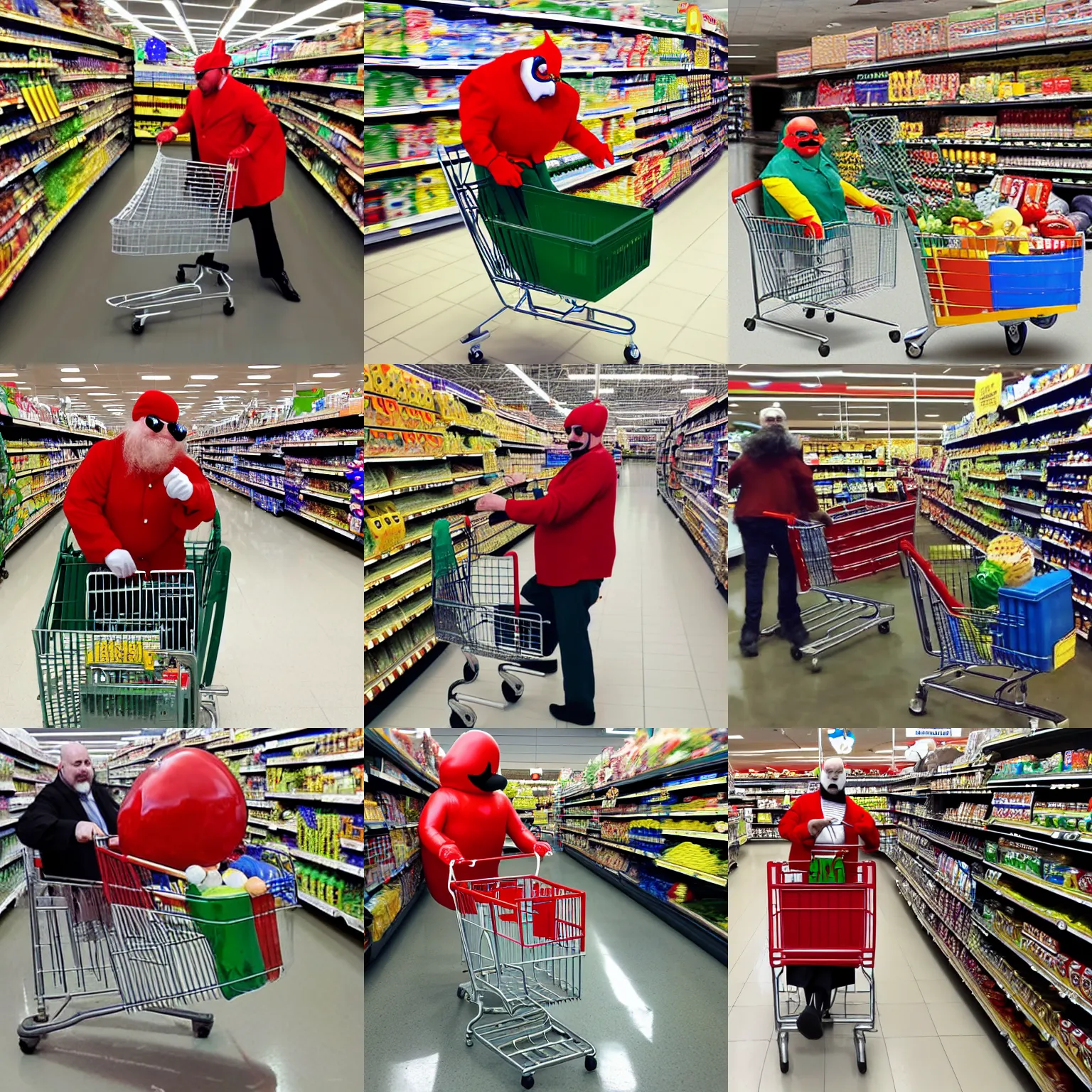 Prompt: dr. robotnik cosplay pushing a shopping cart at a supermarket