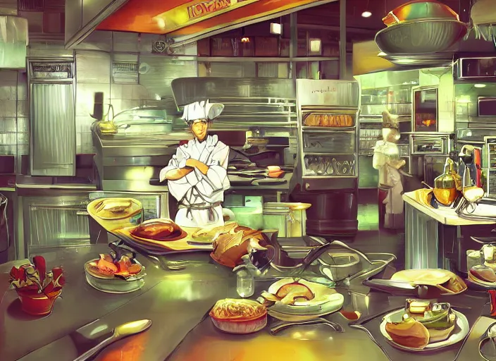 Prompt: chef's kitchen, intricate cluttered visual novel background, busy, shiny, painterly, professional, trending on pixiv