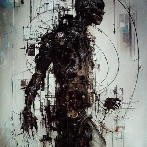 Prompt: cybernetic dream hunter, cyberpunk, wires, skulls!! machines ( by emil melmoth zdzislaw belsinki craig mullins yoji shinkawa ) realistic render ominous detailed photo atmospheric by jeremy mann francis bacon and agnes cecile ink drips paint smears!! digital glitches glitchart!!