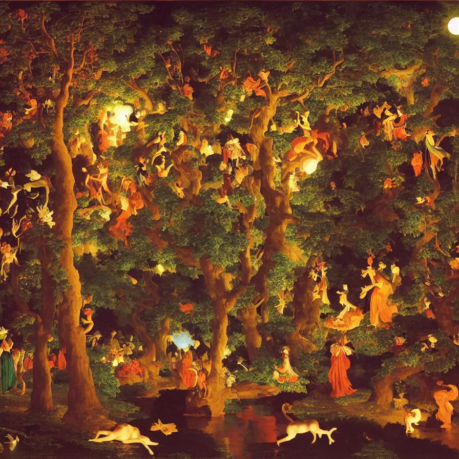 Prompt: a night carnival around a magical tree cavity, with a surreal orange moonlight and fireworks in the background, next to a lake with iridiscent water, christmas lights, folklore animals and people disguised as fantastic creatures in a magical forest by summer night, masterpiece painted by frederic leighton, dark night environment